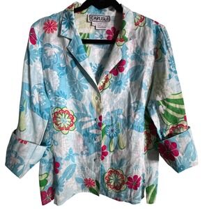 Carlisle 100% Linen Floral Blouse Relaxed Top Size 10 Coastal Cottagecore Preppy